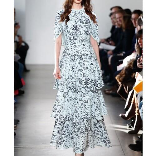 2021 Floral Print Women Cascading Ruffle Dresse Fashion O-Neck Ankle-Length Dresses 3294