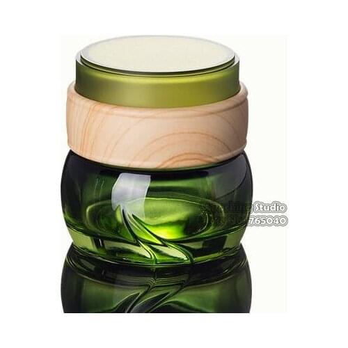 50g/ml Green empty cosmetic cream jar bottle glass with wooden cap,cream bottle cap/Sub bottle/cosmetics Bottle glass 100pcs/lot