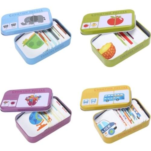 Kids Baby Cognition Puzzles Toys Toddler Iron Box Cards Matching Game Cognitive Cards Vehicl Fruit Animal Life Sets Pair Puzzles