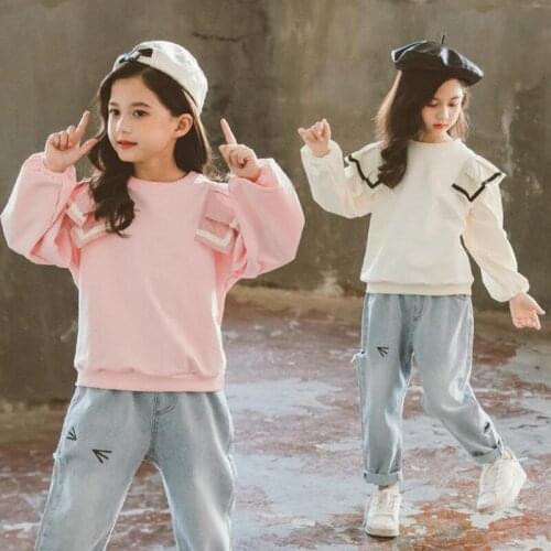 DFXD Girls Clothing Sets Spring Long Sleeve Sweatshirt+Cartoon Ripped Jeans Pants 3-12Years Outfits Girls Clothes Casual Cotton