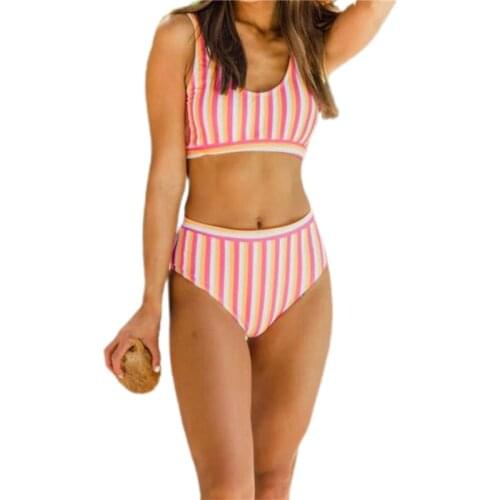 Women Fashion 2-piece Swimming Suit Striped Tops+High Waist Bottoms Set Stylish Bathing Suit