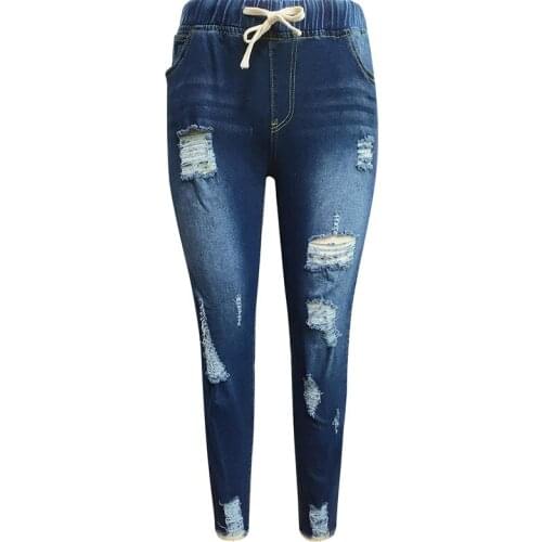 Hot Sale Drawstring Denim Jeans For Women Sexy Ripped Hole Stretch Jeans Jean Ladies Plus Size Full Length Pencil Pants