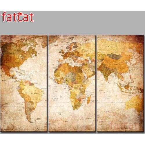 FATCAT Vintage world map Large triptych 5D Diy Diamond Painting full mosaic diamond Embroidery Sale wall decoration AE2897