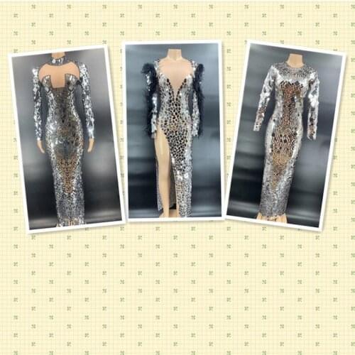H175 Jumpsuit Tight Nightclub Party Elastic Stretched Long Sleeves Modern Mirrors Sequins Sexy Diamond Perspective Rave Dancer