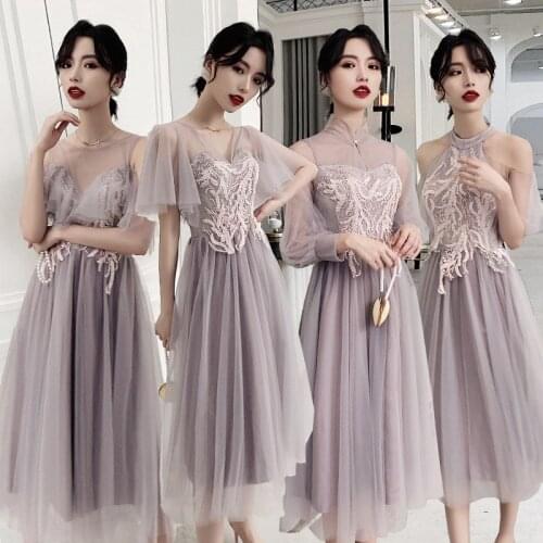 Bridesmaids Dresses Illusion Short O-Neck Beading Embroidery Sequined Lace Tulle Off The Shoulder Women Wedding Party Gown E289