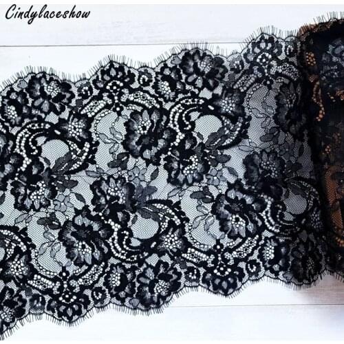 Cindylaceshow 3Meters 23.5cm Width Black Eyelash Lace Trim Flowers Underwear Bra Decor Craft Sewing Lace Fabric Dress Making DIY