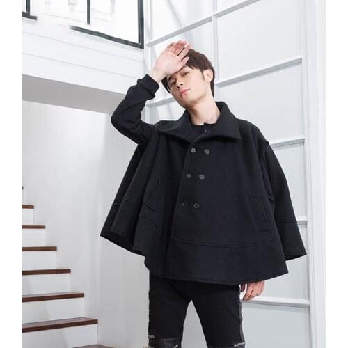 Mens woollen coat fall/winter short, double-breasted, lapel, round and loose, bat-sleeved, for men, sleeveless, hip hop
