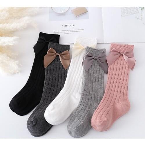 0-3Y Baby Girls Boys Big Bow Socks Cute Candy Color Non Slip Floor Socks Vertical Stripes Cotton Baby Mid Tube Socks