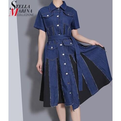 New Woman Short-Sleeve Summer Blue Denim Patchwork A-Line Midi Shirt Dress Sashes Pockets Pin Up Ladies Casual Style Robe 8514