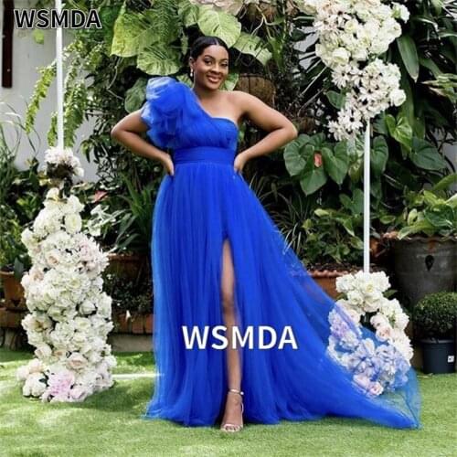 Bridesmaid Dresses One Shouder Floor Length Soft Tulle A-Line Side Slit Bridesmaid Dress Wedding Party Dresses With Zipper Back