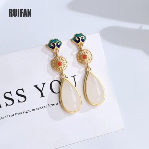 Ruifan Water Drop White Natural Jade Drop Dangle Earrings Gold Color 925 Sterling Silver Earrings for Women Fine Jewelry YEA475