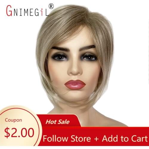 GNIMEGIL Short Blonde Wigs for White Women Straight Bob Hair Wigs with Long Bangs Heat Resistant Synthetic Full Wigs