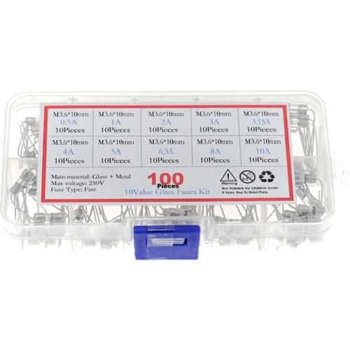 100 boxed 5x20mm glass fuses 0.25A-6A inserted circuit protection mixed fuse