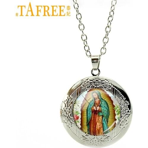 TAFREE Our Lady of Guadalupe pendant Virgin Mary Religious Catholic Glass gem locket pendant necklace jewelry for women men N358