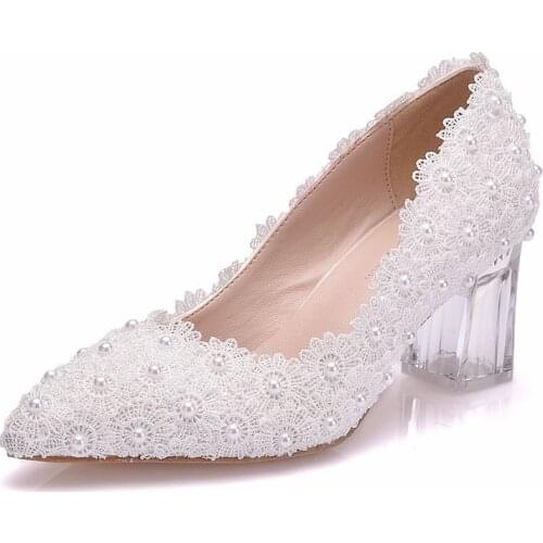 Shoes Woman Pumps wedding Party banquet Lace PU Rhinestones Slip On 6.5CM Thick High Heels Pointed Toe women shoes size 35-42