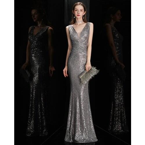 YIDINGZS V-neck Gray Sequins Evening Dress Elegant Long Evening Party Dress YD16681