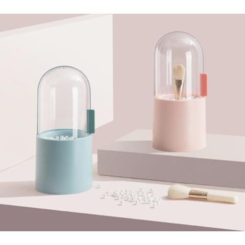 180 Degree Rotate Makeup Brush Holder with Pearl Dustproof Makeup Organizer Waterproof Cosmetic Brush Storage Bucket