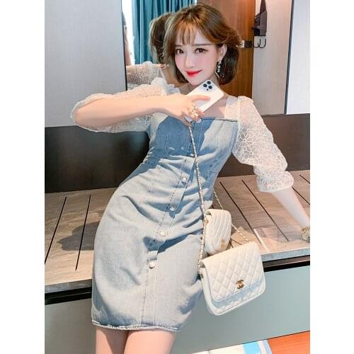 Top Quality Square neck with lace and flared sleeves A-Line Denim dress for women