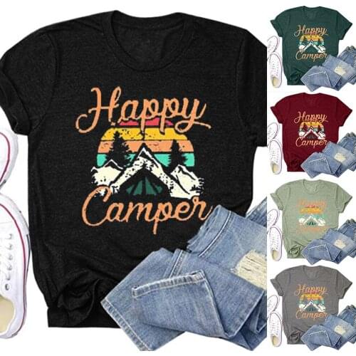 Happy Campen womens fun letters summer round neck Short Sleeve T-Shirt Top loose Casual Short Sleeve Woman T-shirts 2021