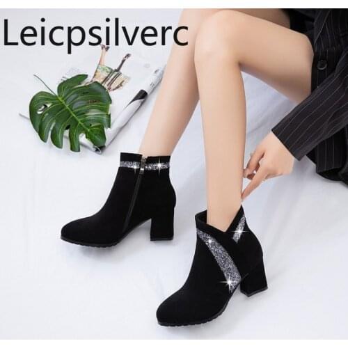 Womens Boots Autumn And Winter New Round head zipper Color matching Sequin mid heel Short tube Womens shoes plus size 32-45