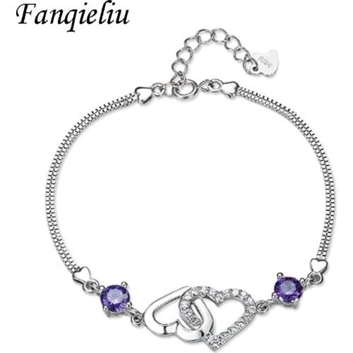Fanqieliu Box Chain Adjustable Crystal Bracelets For Women Heart Link Heart Charm Bangles 925 Sterling Silver Bracelets FQL20347