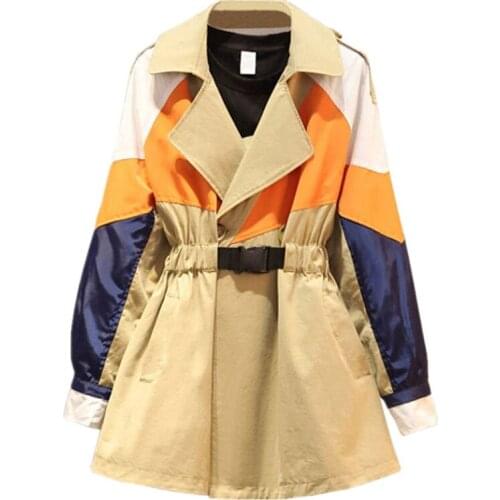 New 2020 Autumn Womens Trench Coat Long Loose Ladies Windbreaker Suit Collar Elastic Waist Color Matching Fashion Women Coat