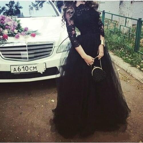 3/4 Long Sleeves Black Lace Tulle Appliqued Formal evening gown Long Custom vestidos de gala Prom dresses 2019 prom dress