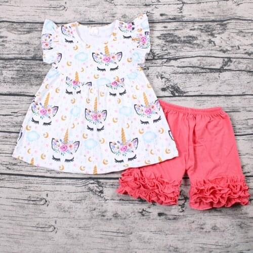 Summer 2pcs Baby Girls Outfits Promotion Unicorn Tunic Shorts Kids Boutique Clothing