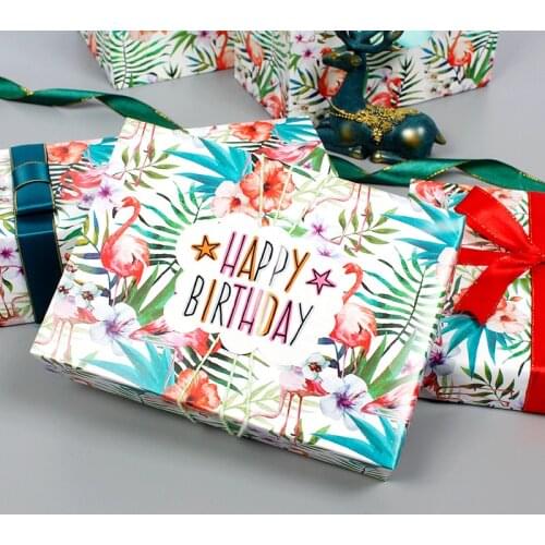 20pcs Flamingo Happy Birthday Gift Wrapping Papers Kraft Papers Leaves and Flowers Print Flamingo Theme Gift Packing Papers