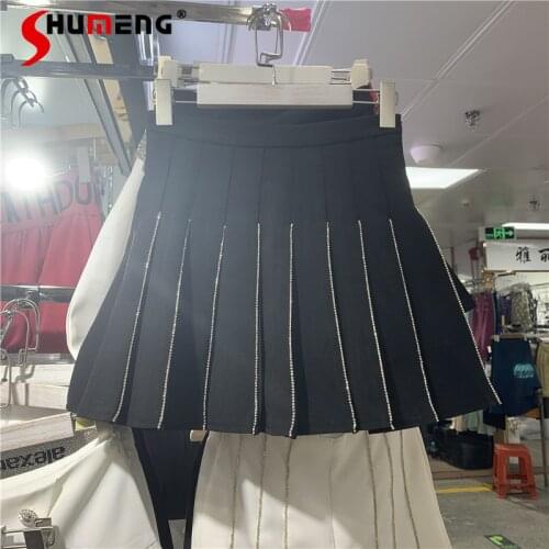 2021 Spring Summer New Embroidery Hot Drilling Pleated Female Short Skirt Korean Style High Waist Sports Street Ladiesmini Skirt