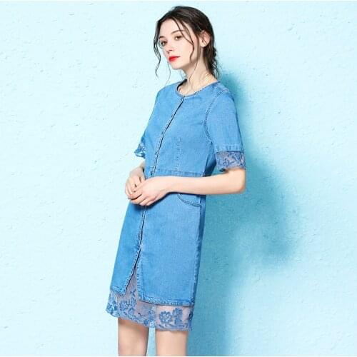 2021 Summer slim thin denim dress female embroidery lace o-neck denim dress summer women NW20A6691