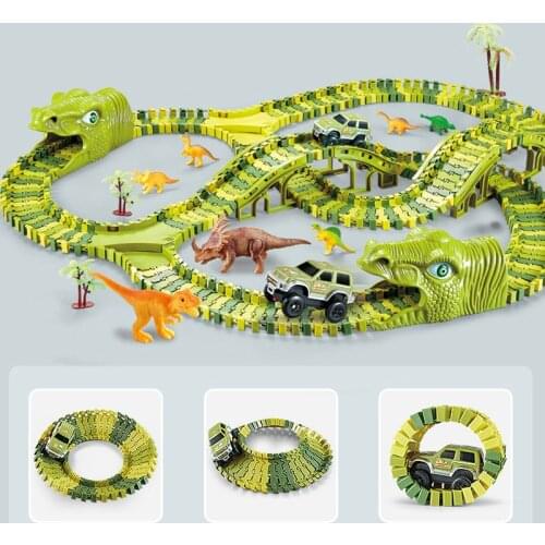 211Pcs Dinosaur Railway Toy Car Diy Roller Coaster Track Racing Set Toys for Children Boys Educational Bend Flexible Race Game