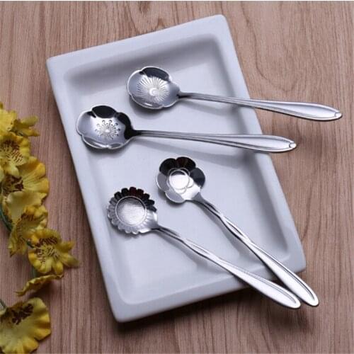 8PCs/ Set Scoops Cherry Blossoms Embossed Stainless Steel Coffee Tea Spoons Ice Cream Sugar Flatware Sliver Gold Tableware