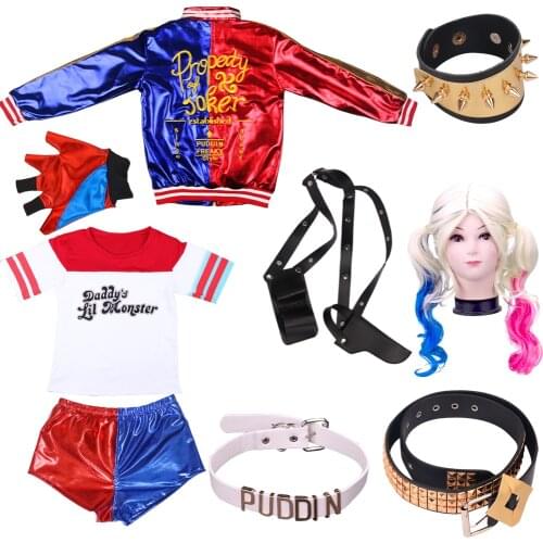 Halloween Harley Costumes Quinn Belts Holster Cosplay Adult Kids Girl Purim Coats Femme Jacket Gloves Chamarras Para Mujer Suits