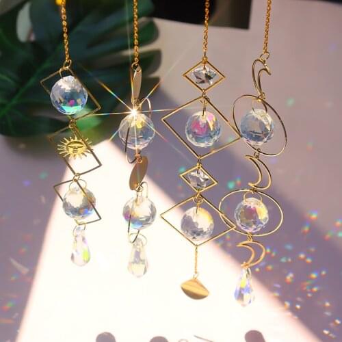 Crystal Geometric Wind Chime Star Moon Pendant Sun Suncatcher Plated Colorful Beads Hanging Drop For Outdoor Indoor Garden