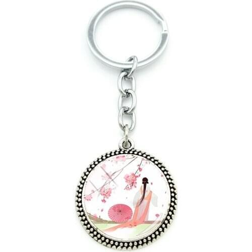 JWEIJIAO Antique Back View Creative Design Cabochon Glass Pendant Keychain Round Glass Gemstone Keychain Metal Jewelry