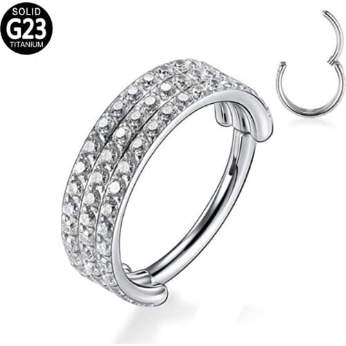 G23 Titanium Hinged Segment Nose Ring Hoop Triples Stacked CZ Nipple Clicker Daith Ear Cartilage Helix Lip Piercing Jewelry