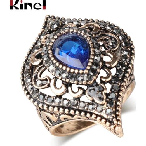 Kinel Fashion Indian Blue Crystal Ring For Women Ancient Gold Color Bohemia Rings Vintage Jewelry Wholesal 2018 New