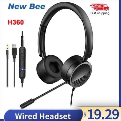 New Bee H360 3.5mm/USB Wired Headset Center Earphone with Mic On Ear Computer Headphone Volume Control Mute Adjustable Headband