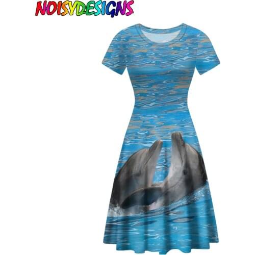NOISYDESIGNS Animals Dolphin Shark Prints Dresses Women Summer O-Neck Beach Dresses Holiday Casual Sundress Vestido De Mulher