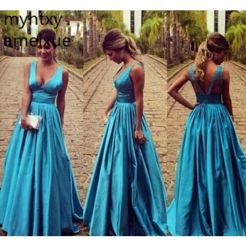 2021 New Blue A Line Evening Event Dresses Deep V Neck Backless Formal Women Wear Party Gowns Plus Size Custom Made Hi Low Dress