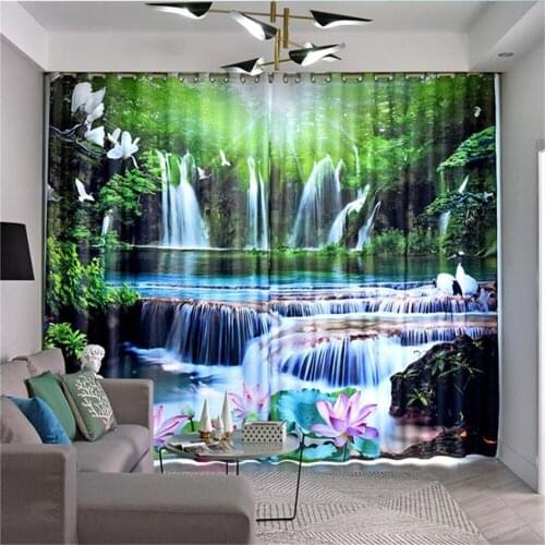 New Chinese curtains oil painting simple modern living room study bedroom 3d curtains scenery waterfall curtains