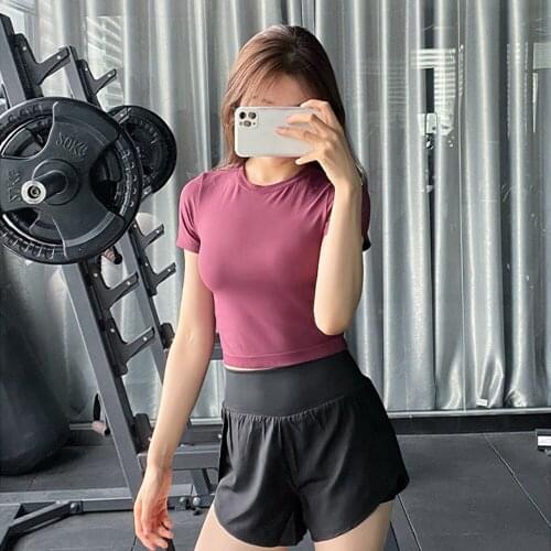 Solid Short Sleeve Gym Crop Top Sexy Shirt Women Quick Dry Sports Wear for Women Gym Breathable Workout Yoga Shirt