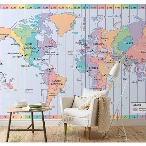 Custom papel DE parede infantil, world time zone map for children room sofa TV wall waterproof vinyl papel DE parede