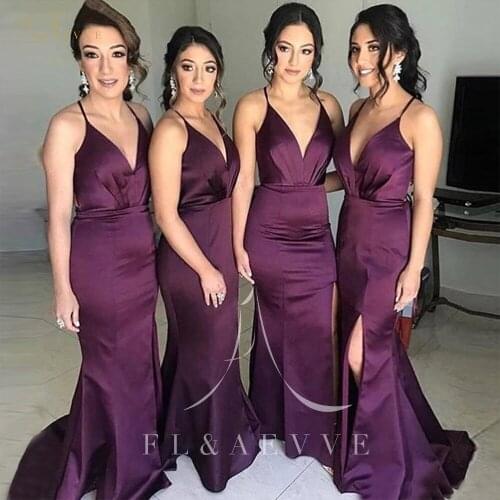 Simple Purple Elastic Satin Mermaid Bridesmaid Dresses Side Split Wedding Party Gowns Spaghetti Straps Prom Gowns Plus Size