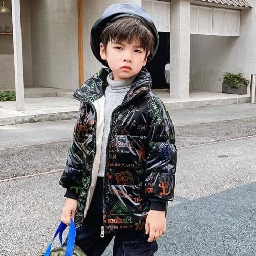 2021 girls down jacket plus velvet thickening autumn and winter boys and girls cartoon print stand-up collar down jacket boys