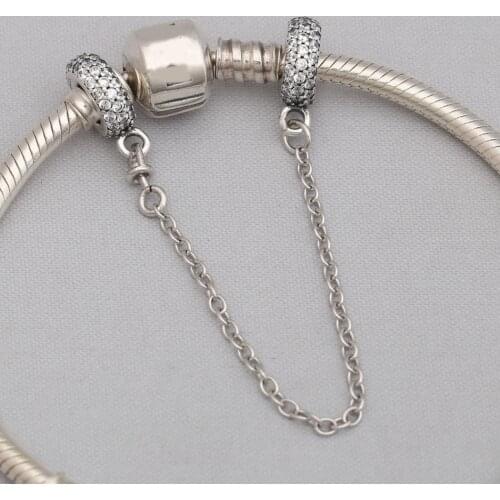 S925 DIY Jewelry Pave Inspiration Safety Chain Charm fit Lady Bracelet Bangle Crystals Clear CZ