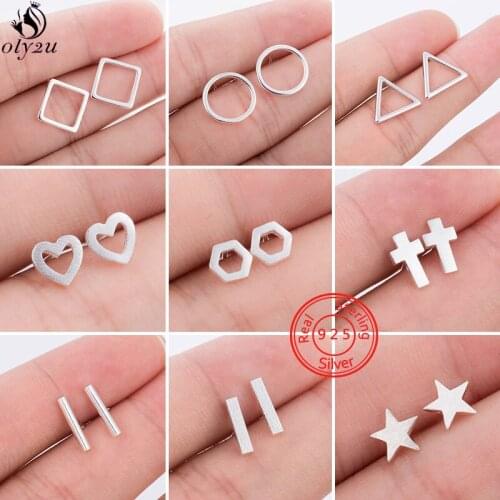 Real 925 Sterling Silver Geometric Stud Earrings for Women Kids Jewelry Minimalist Cross Round Heart Hexagon Triangle Ear Studs