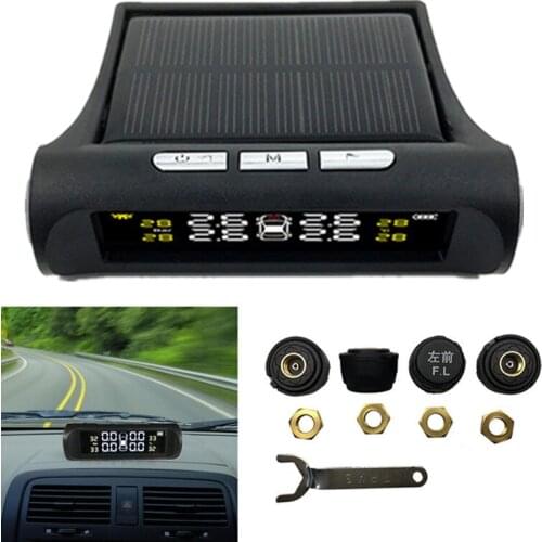 Smart Tire Pressure Monitoring System Wireless TPMS Monitor Solar Power LCD Display With 4 External Sensors 6 Alarm Modes