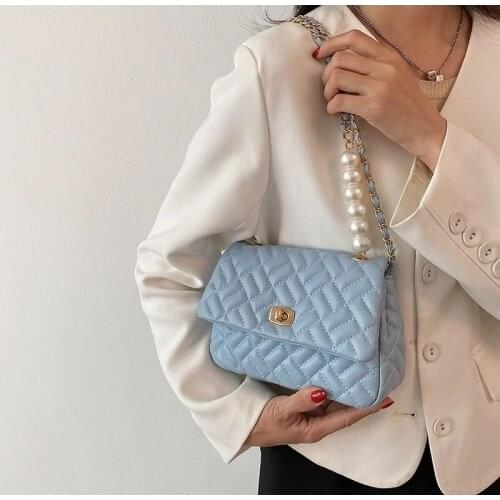 Quilted Pearl Chain PU Leather solid Color Crossbody Bags For Women 2021 Fashion Small Shoulder Bag Female Handbags And Purses